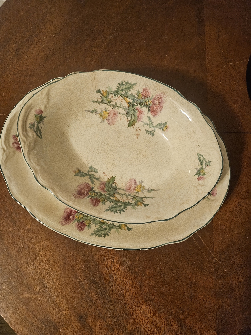 Antique Georgelyn Ivory Canonsburg Pottery Floral Thistle Serving Bowl & Platter